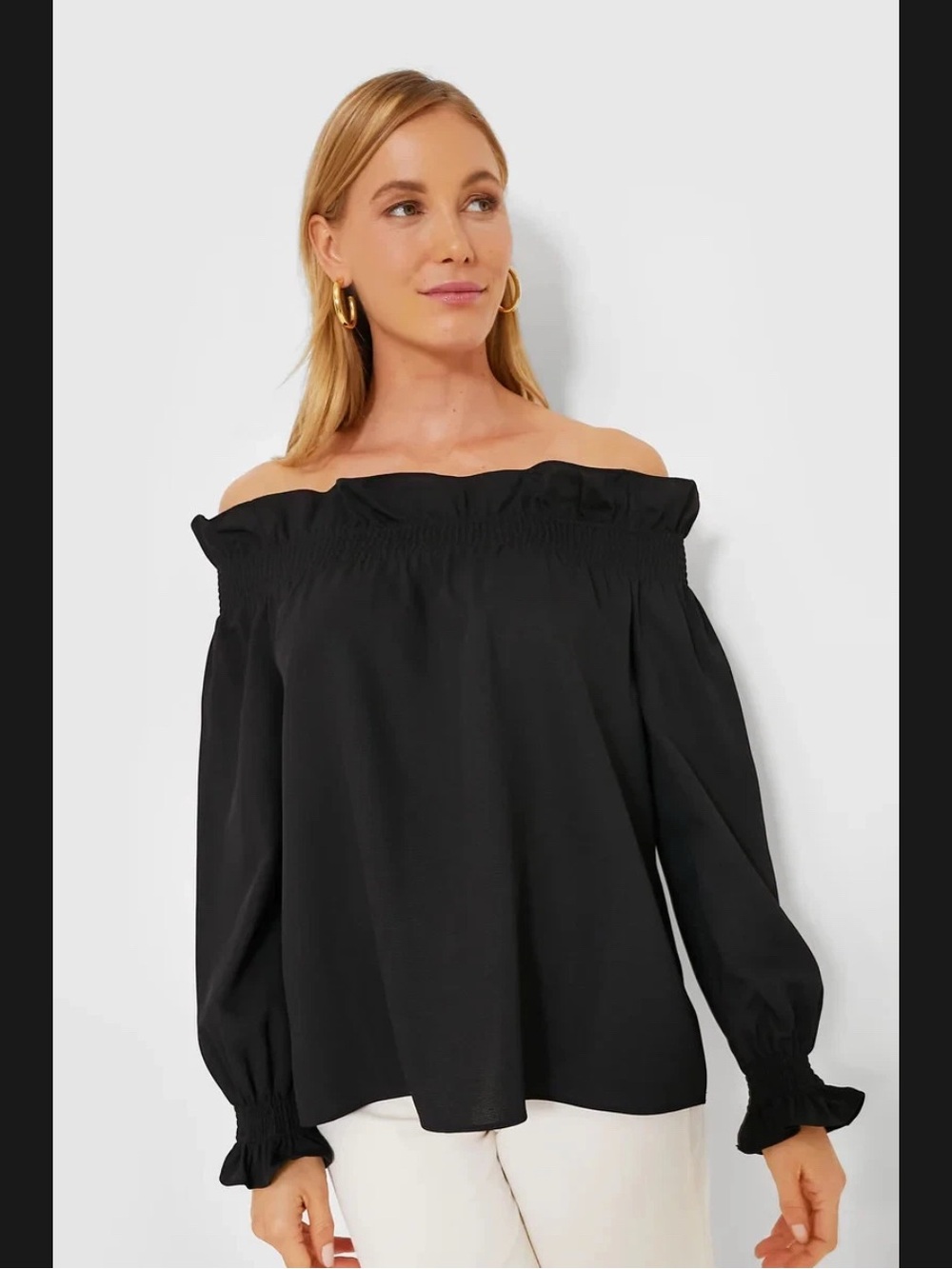 Tuckernuck Black Marguerite Off the Shoulder Long Sleeve Ruffle Blouse Sz S